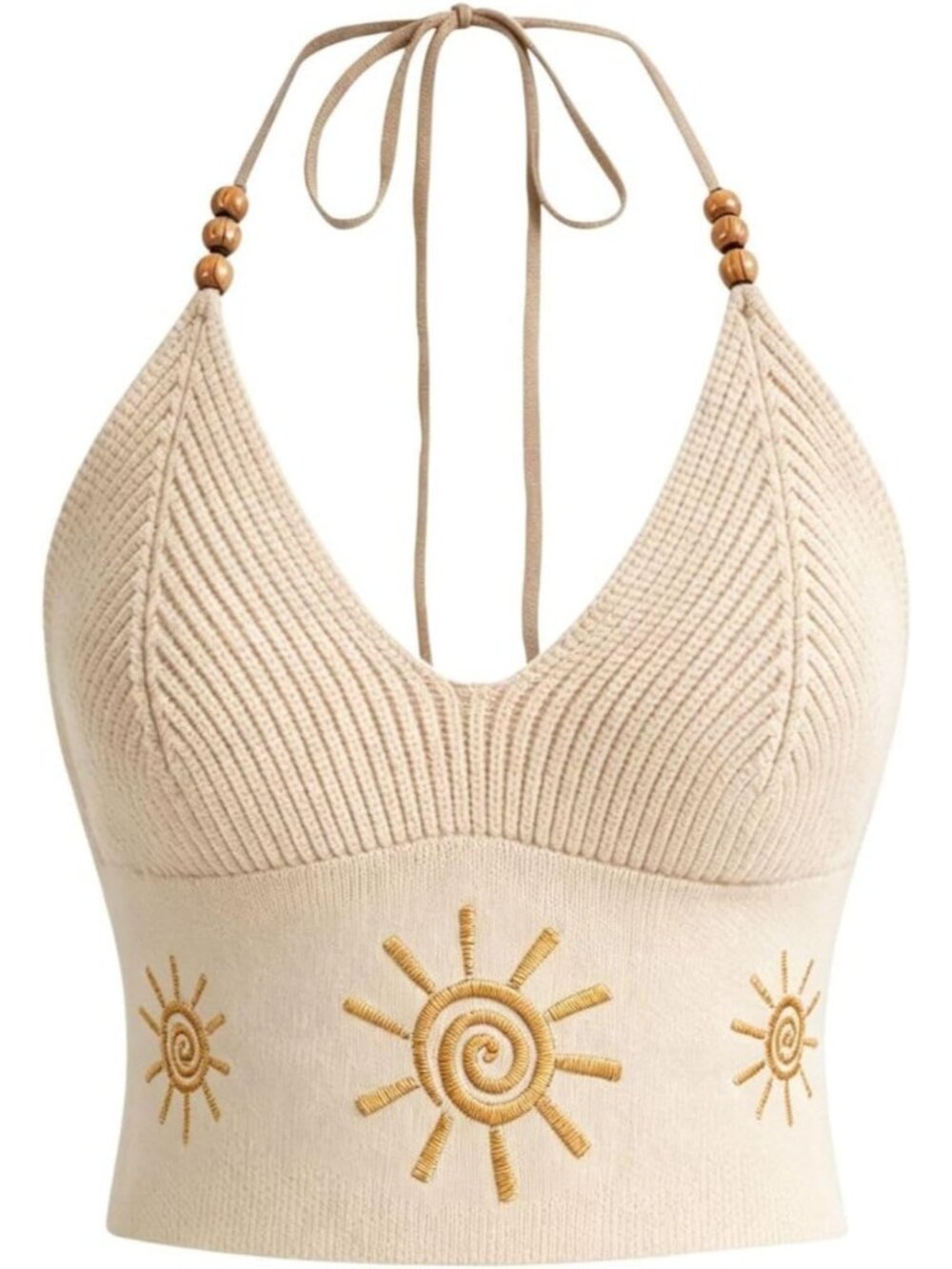 Women's Beige Embroidery Crop Top Western V-Neck Ribbed Knit Cowgirl Shirts